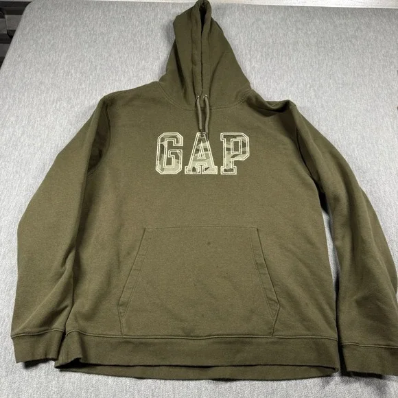 GAP Hoodie Mens Large Olive Green Camo Big Logo Embroidered Pullover Sweatshirt