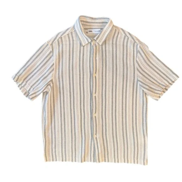 Zara Men's Casual Striped Shirt - Cream and Blue