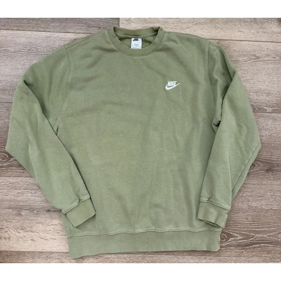 Nike Club Fleece Crewneck Sweatshirt‎ L Olive Green Mens Stain See Pics