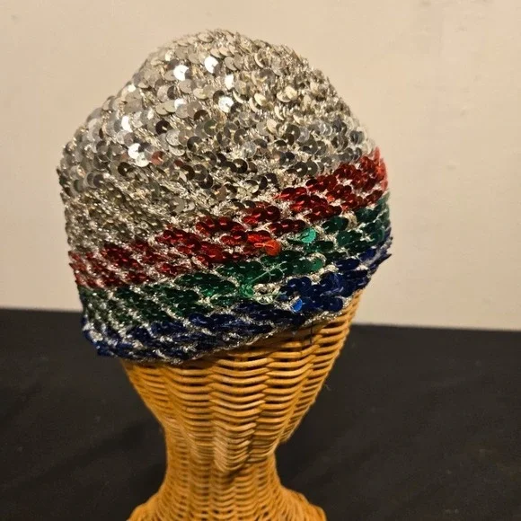 Vtg 70s Halston  Crocheted Sequin Disco Skull Cap