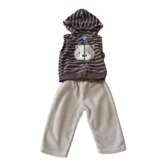 Carters 2 Pc Hooded Vest Pants Outfit Infant Boys 6-9M Tan Brown‎ Striped Bear