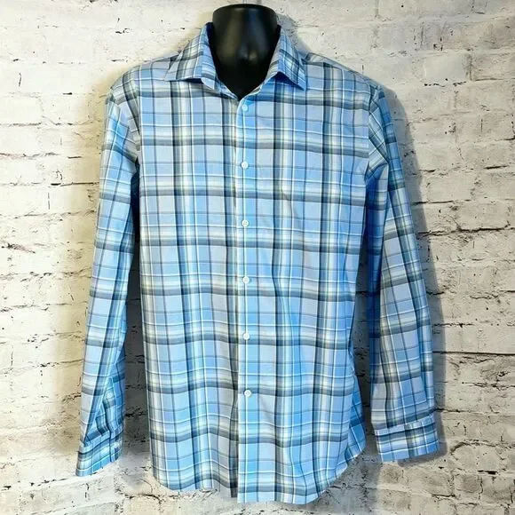 Michael Kors Airsoft Stretch Regular Fit Long Sleeve Button Down Blue Plaid Mens