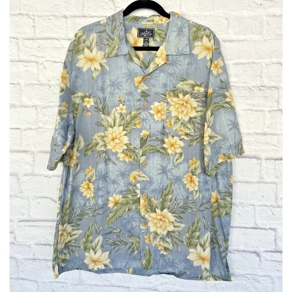 Bermuda Bay Men's Hawaiian Shirt Short sleeves 100% Silk Size Large Blue Floral