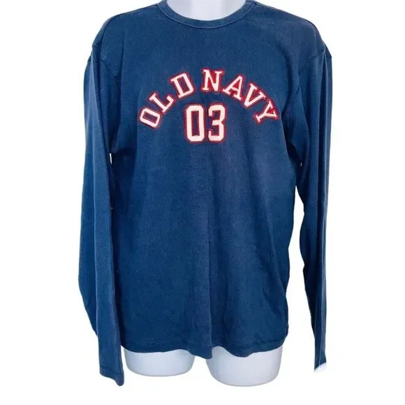 Vintage Old Navy Mens L Shirt Blue Thermal Waffle Weave Long Sleeve Logo Pullove