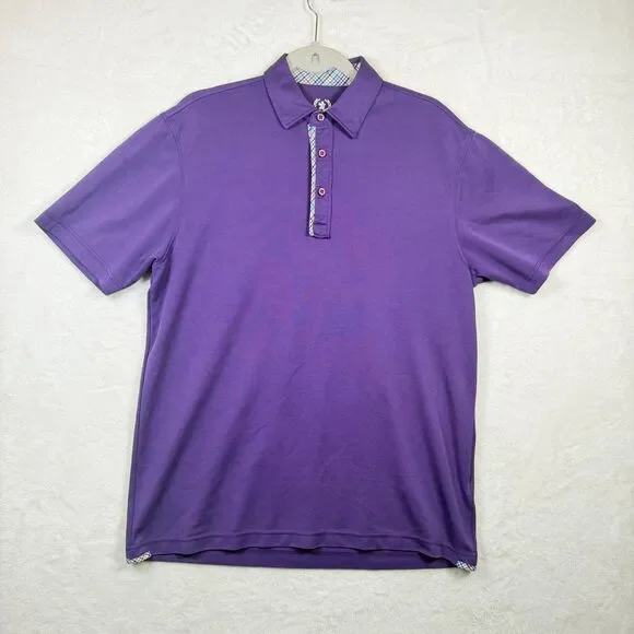 Bugatchi Uomo Polo Shirt M Purple Modal Blend Plaid Trim 3 Button Stretch