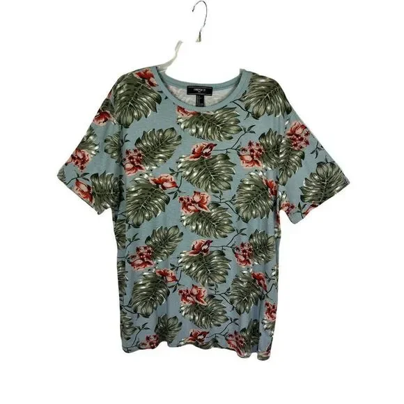 Forever 21 Cotton Modal T-Shirt Large Blue Mens Floral Short Sleeve Hawaiian