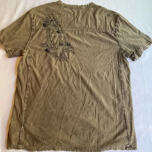 Vintage Dnky Wings V-Neck T Shirt Y2K Tan Brown Drab Embroidered Distressed‎ XL