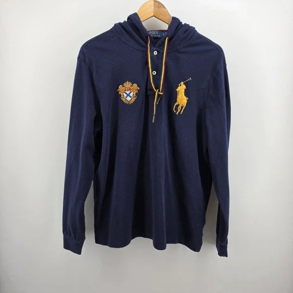 Polo Ralph Lauren Mens Navy Blue Big Pony Crest Hooded Polo Shirt Large L-Sleeve