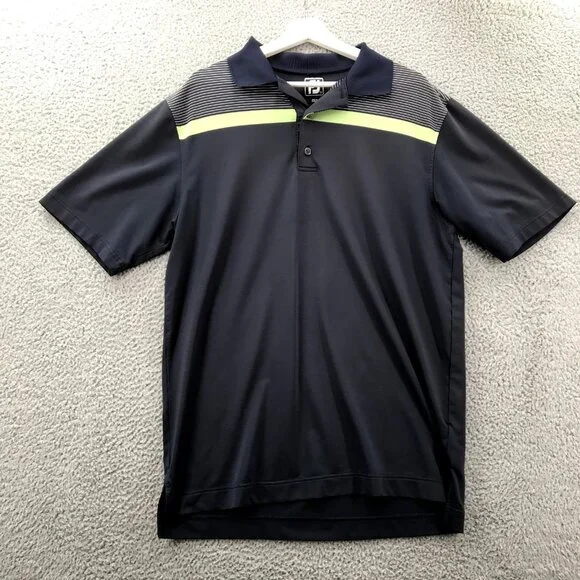 FOOTJOY Mens LARGE Navy Blue Stripe Athletic Fit Stretch Short Sleeve Polo Shirt