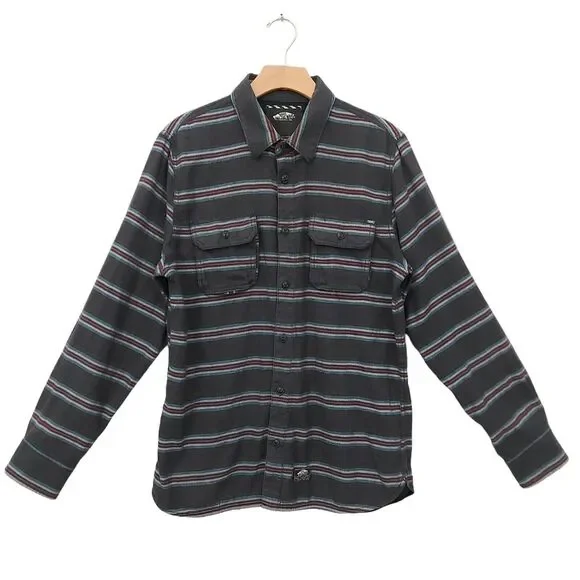 Vans Flannel Shirt Mens Medium Gray Striped Button Up Long Sleeve 100% Cotton