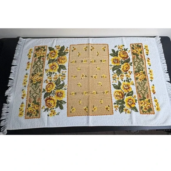 Vintage Cannon Royal Family Yellow Floral Fringed Hand Towel Washcloth 3pc Set