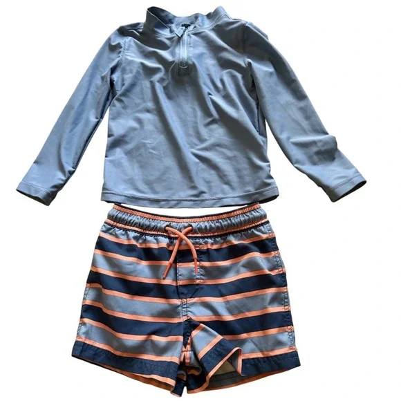 Carters‎ Boys Rashguard Swim Set 3T Blue Zip Top Stripe Shorts w/ Lined Trunks