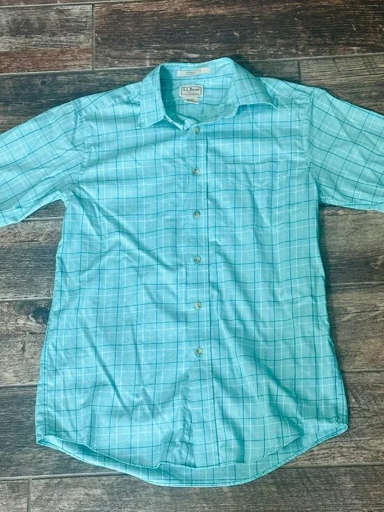 L.L. Bean Men's Button Up Plaid Green/Blue Shirt - Cotton Small Short Sleeve