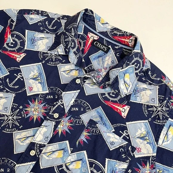 Chaps Mens Travel Stamp Blue Short Sleeve Button Down Shirt, Chaps Button Up S19