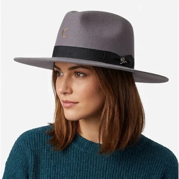 Charlie‎ One Horse Grey Felt Fedora Wide Brim Hat With Grosgrain Band - Size M