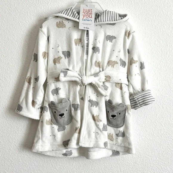Carter's Just One You White Gray Baby Bear Print Hooded Bath Robe Size 0-9M