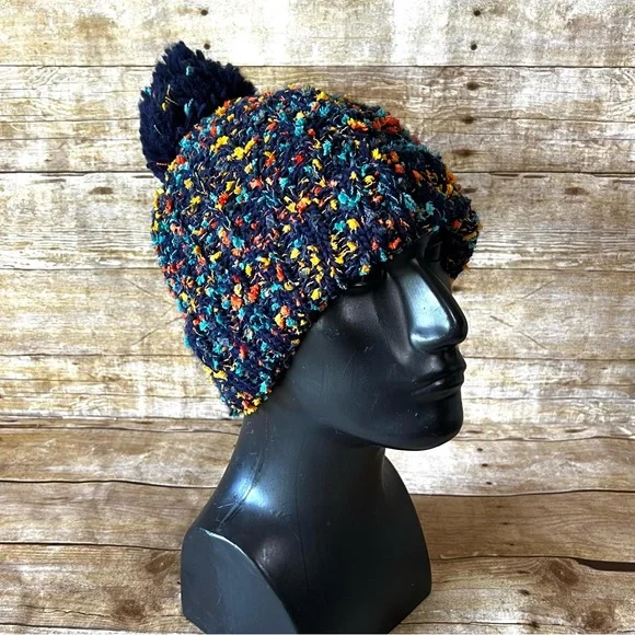 Navy Blue Multi Color Confetti Knit Beanie Faux Fur Lined Pom Pom Winter‎ Hat