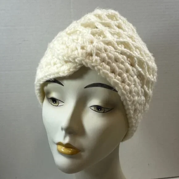 VTG Hand Crocheted White Head Wrap Hat Made in Japan