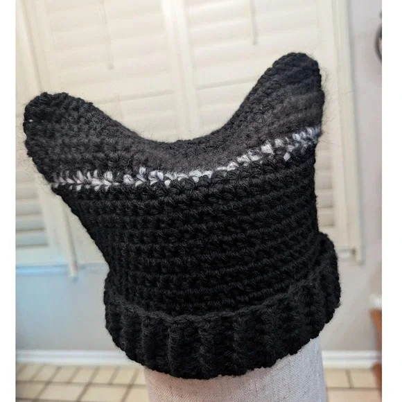 Handmade Crochet Knit Cat Ear Beanie Hat Cottage Y2K Goth Emo Punk Whimsigoth