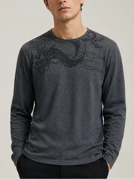 The Kooples Charcoal Gray Embroidered Dragon Long Sleeve Tee Shirt Large