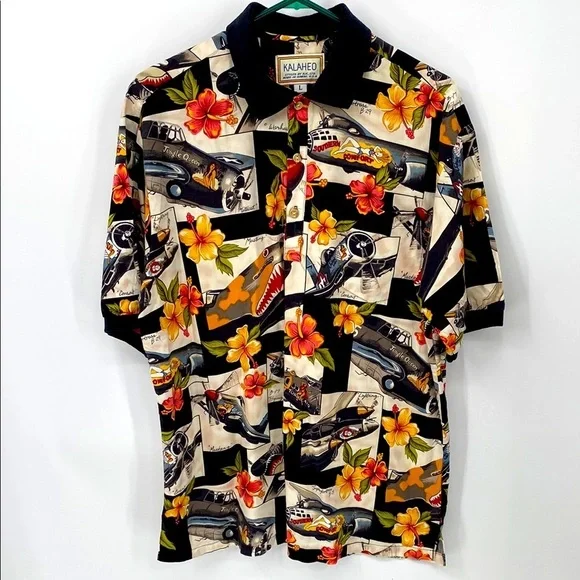 Vintage Hawaiian Shirt War Planes Pin-Up Girls Floral
