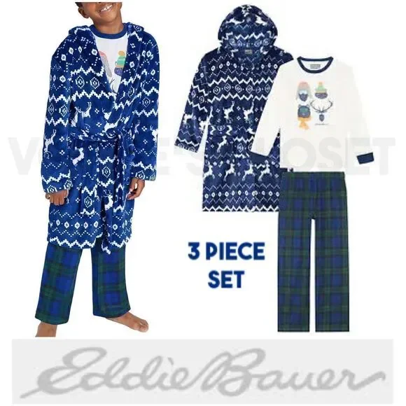 NEW! Eddie Bauer Youth 3 piece PJ Set, LS Top, Pant and Robe, Reindeer