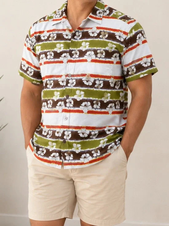 Territory Ahead Men’s Hawaiian Camp Shirt Hibiscus Striped Medium Short Sleeve