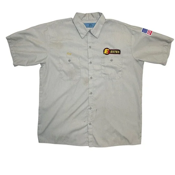 Vintage Mens ESTES Work Shirt Short Sleeve‎ Gray Embroidered Ray American Flag