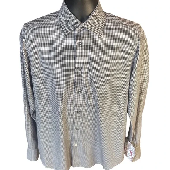 Robert Graham Black White Houndstooth Button Up Paisley Contrast Cuffs Size M