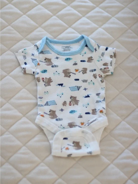 Carter's White Onesie with Light Blue Trim and Bear Camping Print