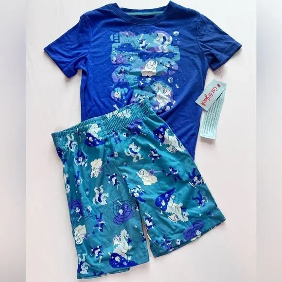 Cat & Jack Kids Blue Pajama SetGraphic T-Shirt and Shorts Size Small (6/7)