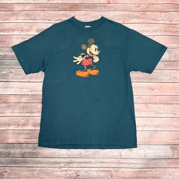 Disney Store Vintage Blue Cotton Single Stitch Mickey Graphic T Shirt Large USA