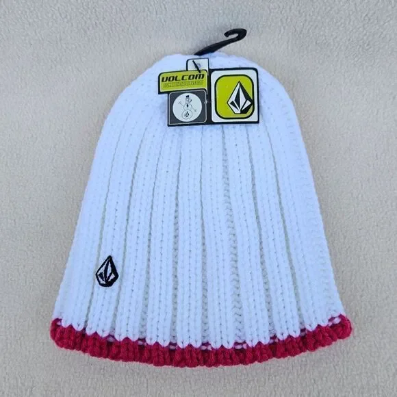 Volcom White with Hot Pink Trim Chunky Knit Beanie
