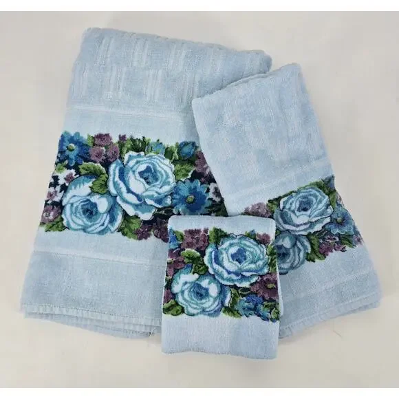 Vintage Lady Pepperell Blue Floral Towel‎ Set 3pc Bath Plush Cotton Cottagecore