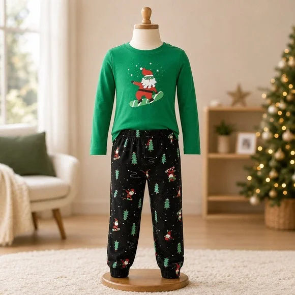 Jammies For Your Families  4 Christmas Pajama Set Santa Snowboard Green Black