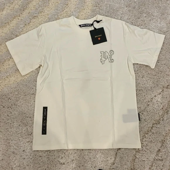 Palm Angels PA Rhinestones Logo White T-Shirt Mens Size Large