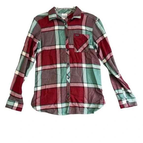 Columbia Shirt Mens Small Red Green Plaid Flannel Button Front Casual Outdoor