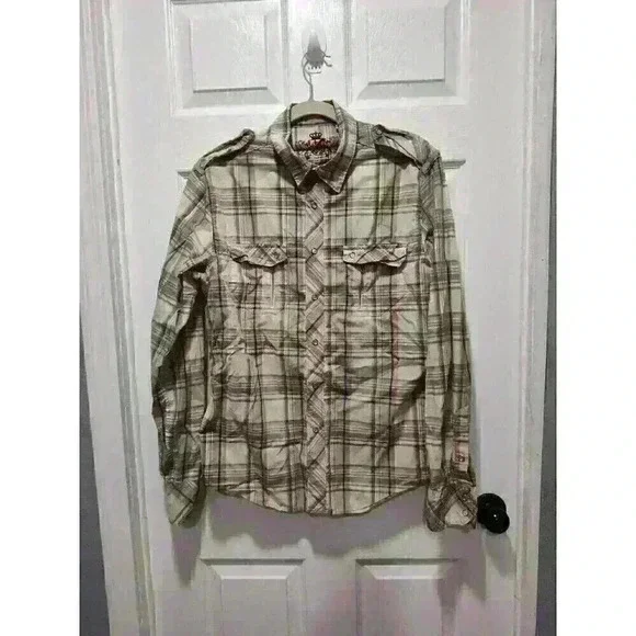 GUESS MENS‎ MEDIUM LONG SLEEVE SNAP DOWN ZIPPERED POCKETS WESTERN PLAID SHIRT