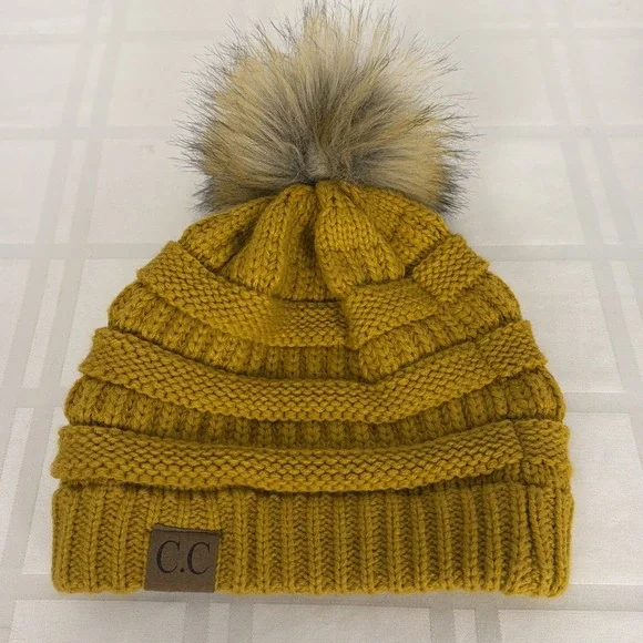C.C Thick Cable Knit Faux Fuzzy Fur Pom Beanie Cap.