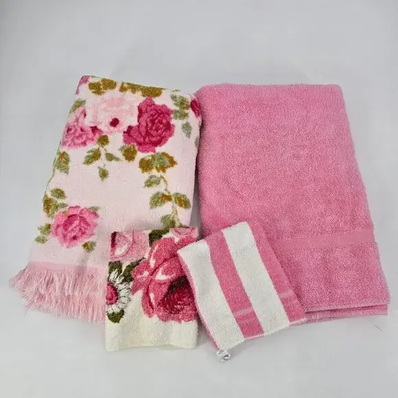 Vintage‎ Cannon & Stevens Utica Floral Towel Set Pink Roses Cottagecore