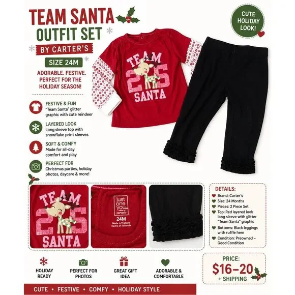 Carter’s Team Santa Christmas Outfit 24M Toddler Girl Holiday Set Cute