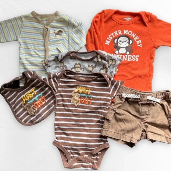 6-Piece Baby Boy Summer Clothes 6M Carter's Monkeys Brown Orange Onesies