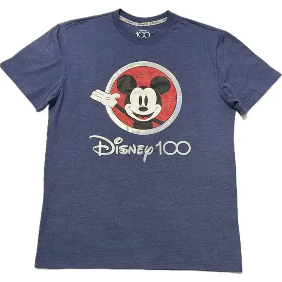 Disney 100 Mickey Mouse Mens Shirt Size Large Blue Short Sleeve Graphic T Shirt