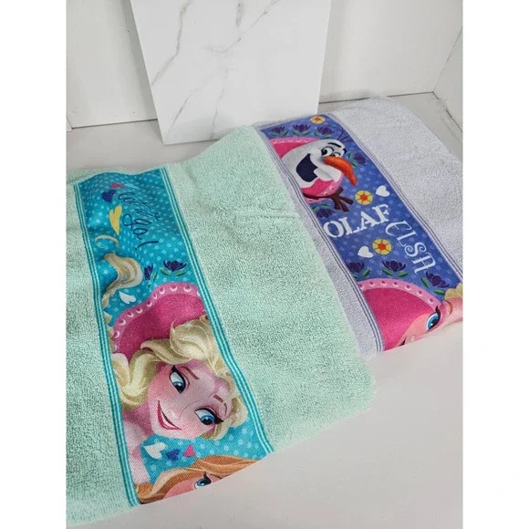 Disney Frozen Kids Bath Towel Set Elsa Anna‎ Olaf Mint Lavender 26x48 2pc Cotton