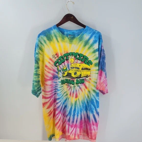 Vtg Y2K Hanes Comfort Oldtimers Magic Bus Graphic Tie-Dye T-Shirt Multicolor 2XL