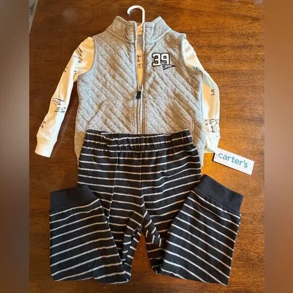 NWT Carter's Gray Quilted Vest and Striped Pants Set - Size 24 months