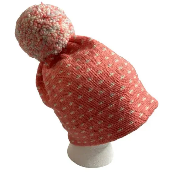 Vintage 80s Serac Wool Beanie Pink Birdseye Print Pom Pom Womens Ski Hat USA