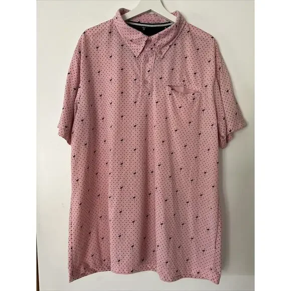 Reset Polo Shirt Mens XXL Short Sleeve Stretch Knit Novelty Print Pink Flamingos