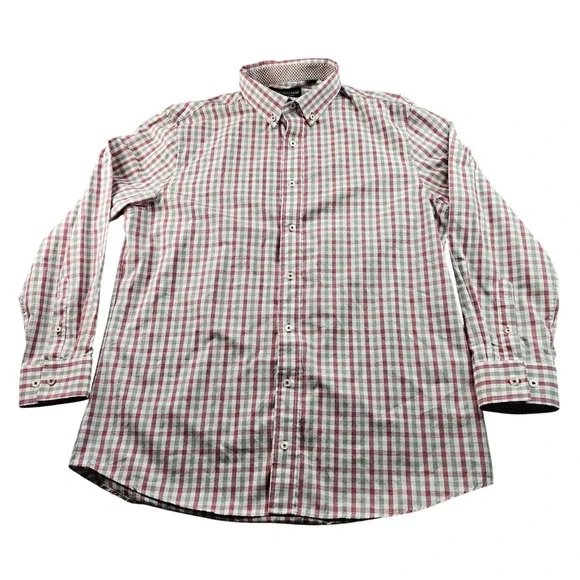 Nick Graham Dress Shirt Men's L Red Gray Gingham Modern Fit Collared Button Down