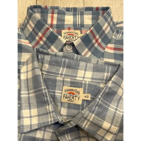 Lot of 2 Faherty Brand Mens Plaid Button Down Shirts Blue Red White Size Medium